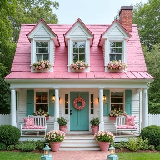 Bright sunny day; full view of a light pink and white cottage. Six windows with shutters and flower boxes. Big wrap-around porch. Pink roof. Light aqua door with a rose and hydrangea wreath. Pink roses and white hydrangeas in big light pink flower pots. Tall light aqua lanterns with candles next to flowerpots. Twinkle lights on wreath. Lights on inside. White front porch swing with light pink rose print pillows.