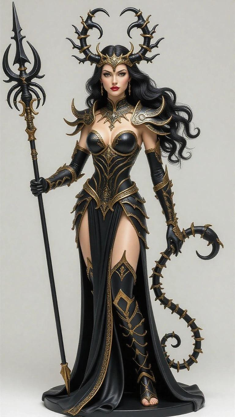 Resin sculpture of a goddess inspired by Scorpio. Figures slender and human. Long wavy black hair and a stinger-shaped crown. Black armor with gold decorations. Scorpion symbols on armor. One hand holds a spear inspired by a scorpion. The other hand is outstretched. Background has rocky elements and dark atmosphere. Tail evoking detail present.