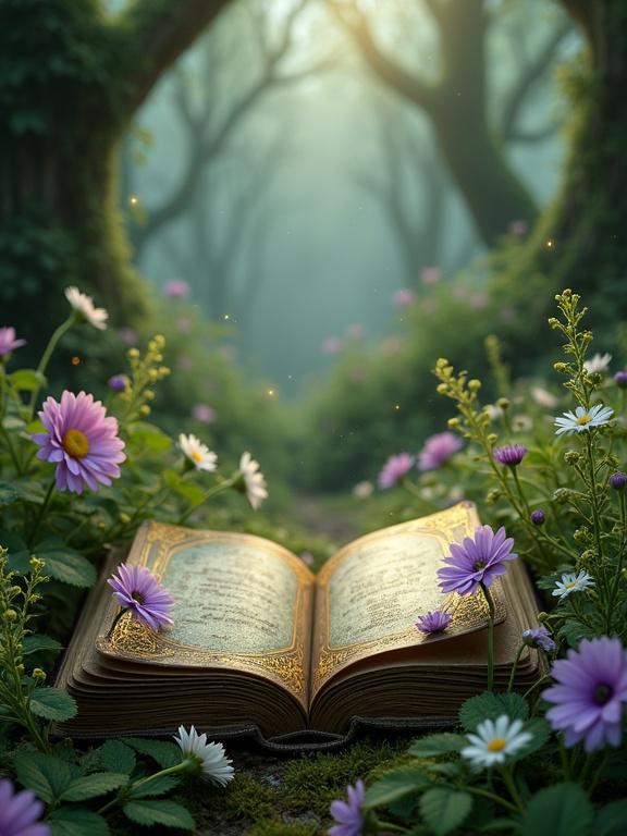 Magical scene focused on an open antique book surrounded by flowers. Book has dark leather covers and gold embossing. Flowers scatter around with dew droplets. Enchanted forest backdrop with tall trees and soft mist. Dreamlike atmosphere with luminous particles. Center space has neutral lighting for integration.