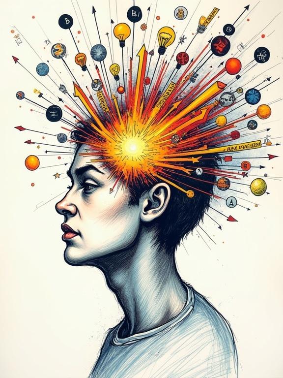 Human head with ideas exploding outward. Conceptual advertising style. Marker and loose sketch overlays. Creative and dynamic mood. Central bust with radial lines and visual metaphors like lightbulbs and arrows. Cartoon bursts with energetic sketch density and hand-drawn labels.