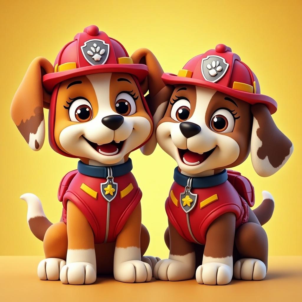 Colorful cheerful dog characters from a children's show. Distinctive fireman uniforms. Enthusiastic expressions. Friendly interaction between characters.