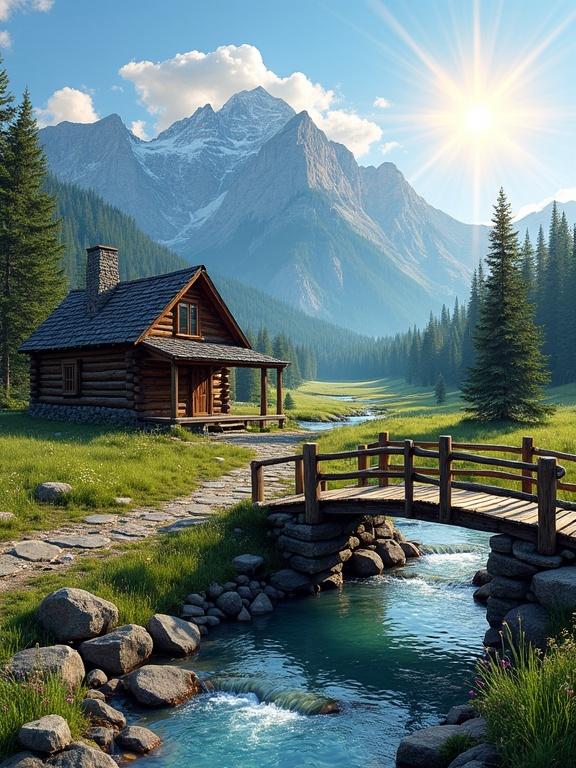 Landscape features log cabin and small rustic bridge. Bridge spans clear stream with smooth rocks. Stream reflects sunlight. Lush green grass and trees surround area. Snow-capped mountains in background. Bright blue sky with clouds. Sun casts rays on scene.