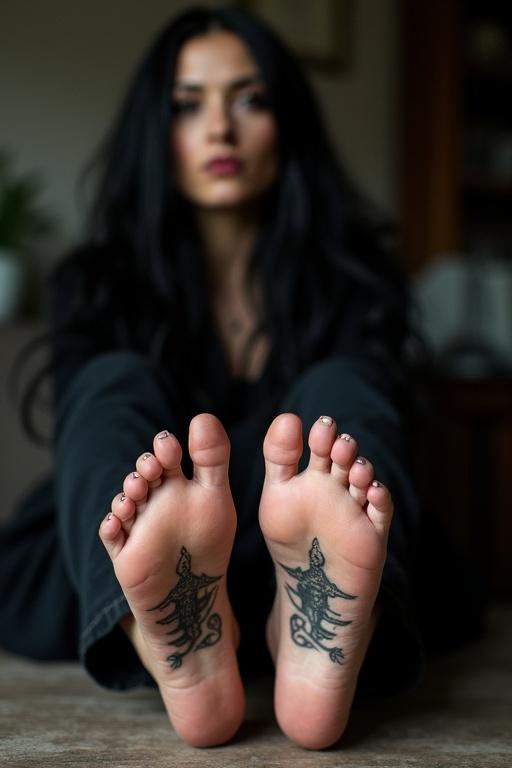 A mature goth woman sits on the floor. Long black hair flows over her shoulders. Showing tattooed soles of bare feet. Wears goth clothes. Sitting in a home setting. Tattoos prominently displayed on arches of feet.