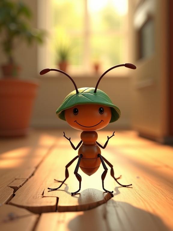 3D cartoon ant wearing a leaf helmet standing at the edge of a cracked wooden floor with morning sunlight shining from the kitchen