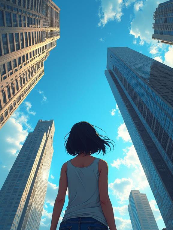 Distorted anime art of a woman looking up at tall buildings from a low angle. Fisheye effect creates a surreal perspective. Bright sky enhances the scene.