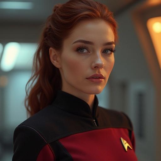 Female Starfleet officer in a red and black uniform. The character has long, wavy red hair. Uniform features a gold Starfleet insignia. Subtle background suggesting a futuristic setting.