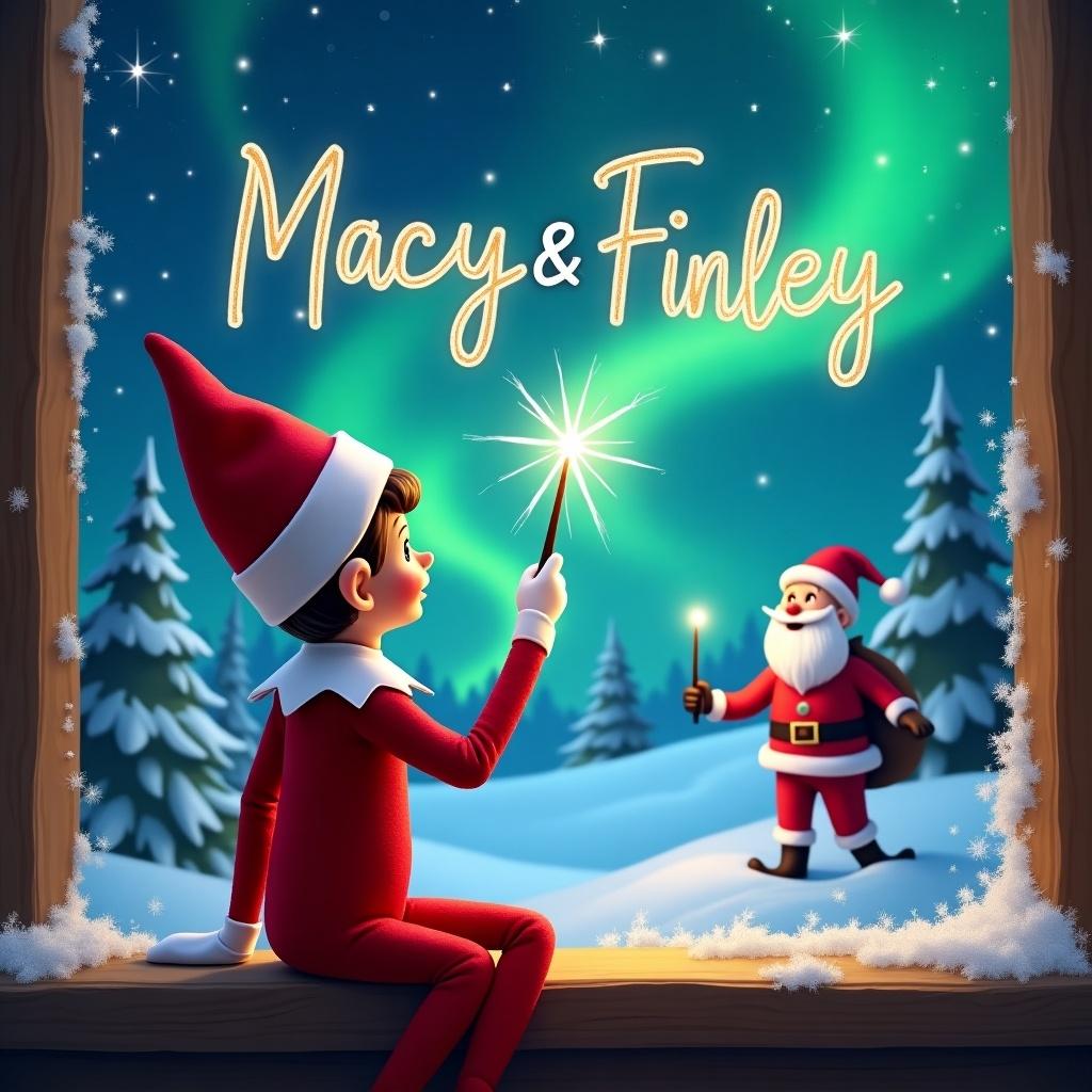 Elf on the shelf with a wand writing in the sky. Magical Christmas scene with northern lights and Santa. Names Macy and Finley in the sky.