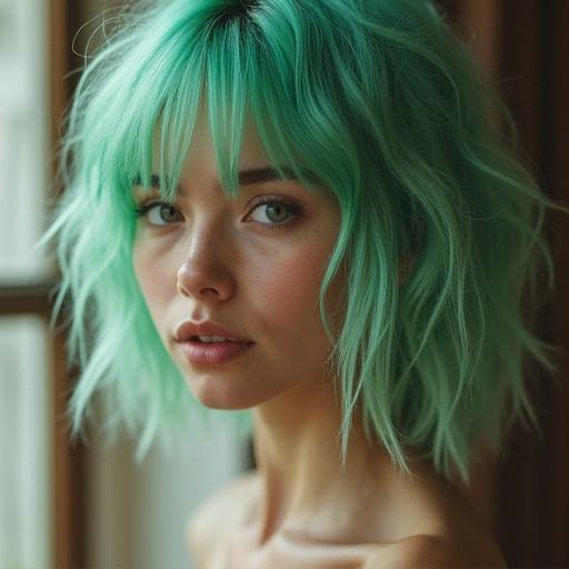 Amateur picture of a girl with light green hair in a natural setting