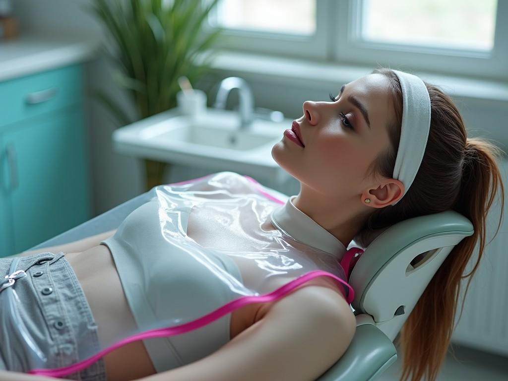 The image features a young woman reclining in a dental chair, surrounded by a soothing environment. She is wearing a transparent protective cover, indicating a beauty treatment or dental procedure. The room is well-lit with natural light, creating a calm atmosphere. Her expression is relaxed and serene, suggesting comfort and confidence in the treatment. The background includes soft colors and elements typical of a modern dental or beauty clinic.