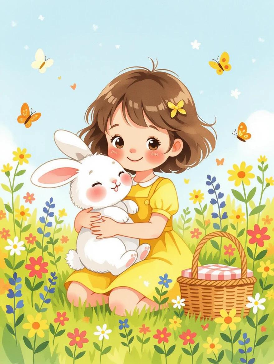 A whimsical watercolor painting of a little girl in a yellow dress playing with a fluffy white bunny. The girl has short brown hair and rosy cheeks. She smiles at the bunny, which leans into her embrace. Surrounding them are colorful wildflowers, butterflies, and a toy picnic basket. The scene takes place outdoors under a bright blue sky.