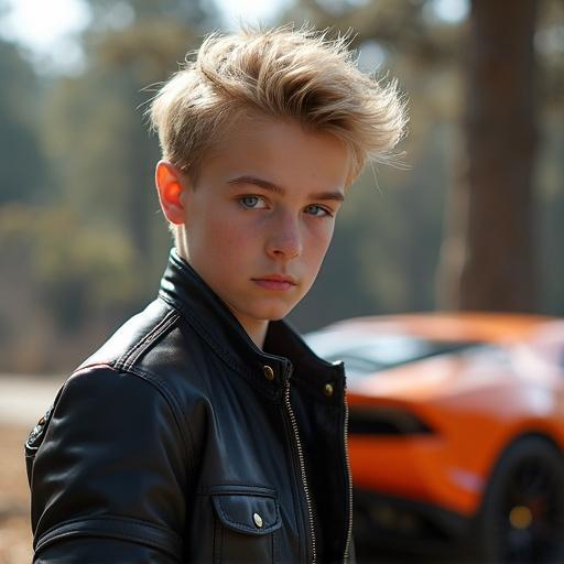 17 year old guy with blond hair and blue eyes wearing a leather jacket stands beside a Lamborghini