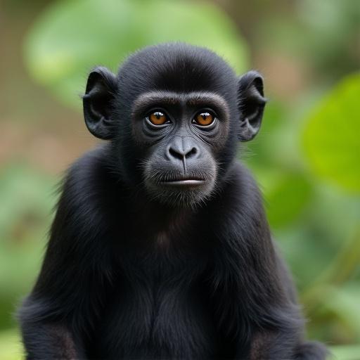 A black monkey situated in a natural habitat in India. Surrounded by greenery. Focus on the animal's features. Captured in a natural outdoor setting. Suitable for educational use.