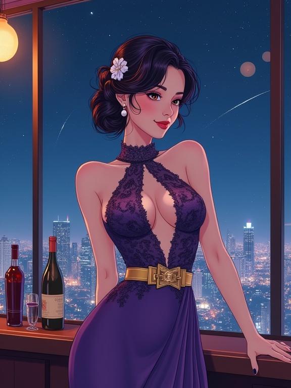 An intricate anime illustration inspired by vintage Hollywood style featuring an attractive woman with dark violet hair in an elegant updo. She wears a form-fitting purple gown with lace details and a golden belt. The background shows a cityscape at night with shooting stars. The scene conveys a serene atmosphere with soft lighting.