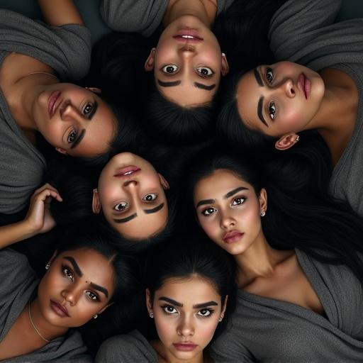 Generate several Scottish-Pakistani teenage girls and women. All have large dark brown eyes, black hair, dark skin, thick eyebrows. Laying closely together. Eyes open, mouths closed, serious looks on their faces.