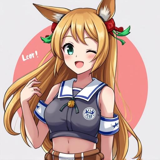 A cute anime girl with fox ears and long hair winking at the viewer. She wears a sailor-style outfit and has playful accessories. The background is minimalistic with a soft color.