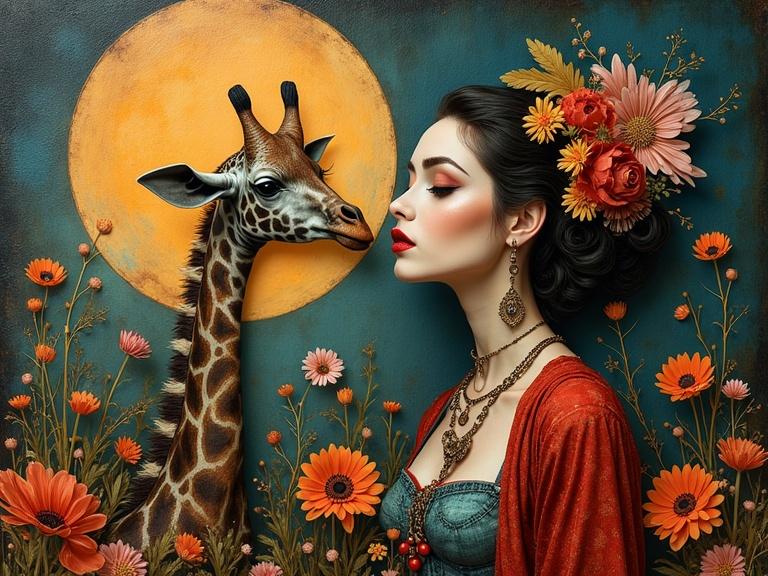 3D multi-layered Bayer artwork depicting a whimsical femme fatale with her pet giraffe. Intricately detailed encaustic mixed media inspired by various artists.