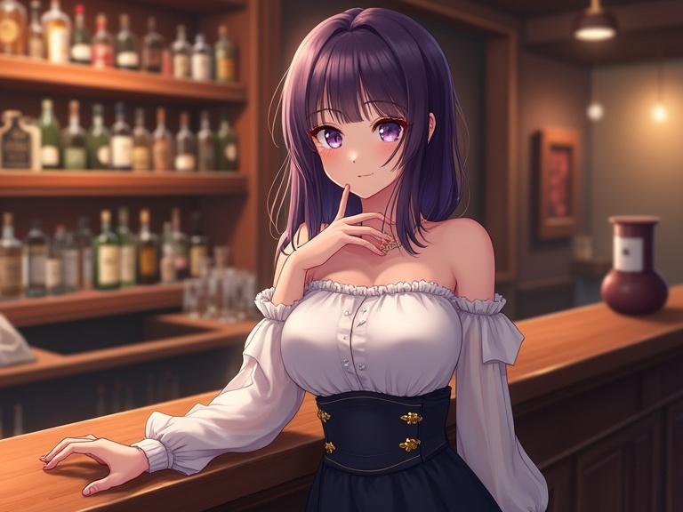 Image of a lady depicted in semi-realistic anime style. She has shoulder-length dark violet hair and light violet eyes with a light skin tone. Wearing an off-the-shoulder white top and a dark high-waisted skirt with gold accents. Delicate jewelry complements her. Her hand rests on her chin, showing a pleasant expression. Background is a blurred bar with warm lighting and wooden shelves filled with bottles.