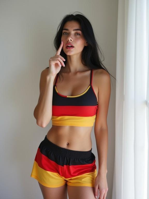 A young German woman wearing a sports bra and shorts with the German flag colors stands next to a white wall. She has freckles, pale skin, long black hair, and brown eyes. She poses with an arched back and a finger on her mouth as if shushing, looking upwards and to the side. One hand holds a phone below her. The image captures her in a realistic style with a focus on her full body.