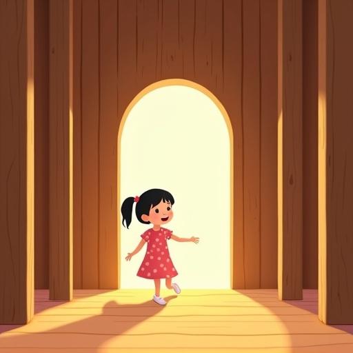 Flat-style children's illustration depicting a young girl inside a wooden house. The house features five wooden pillars and a glowing floor. The girl is in a pink dress with white shoes, exploring. The atmosphere is warm and calm.