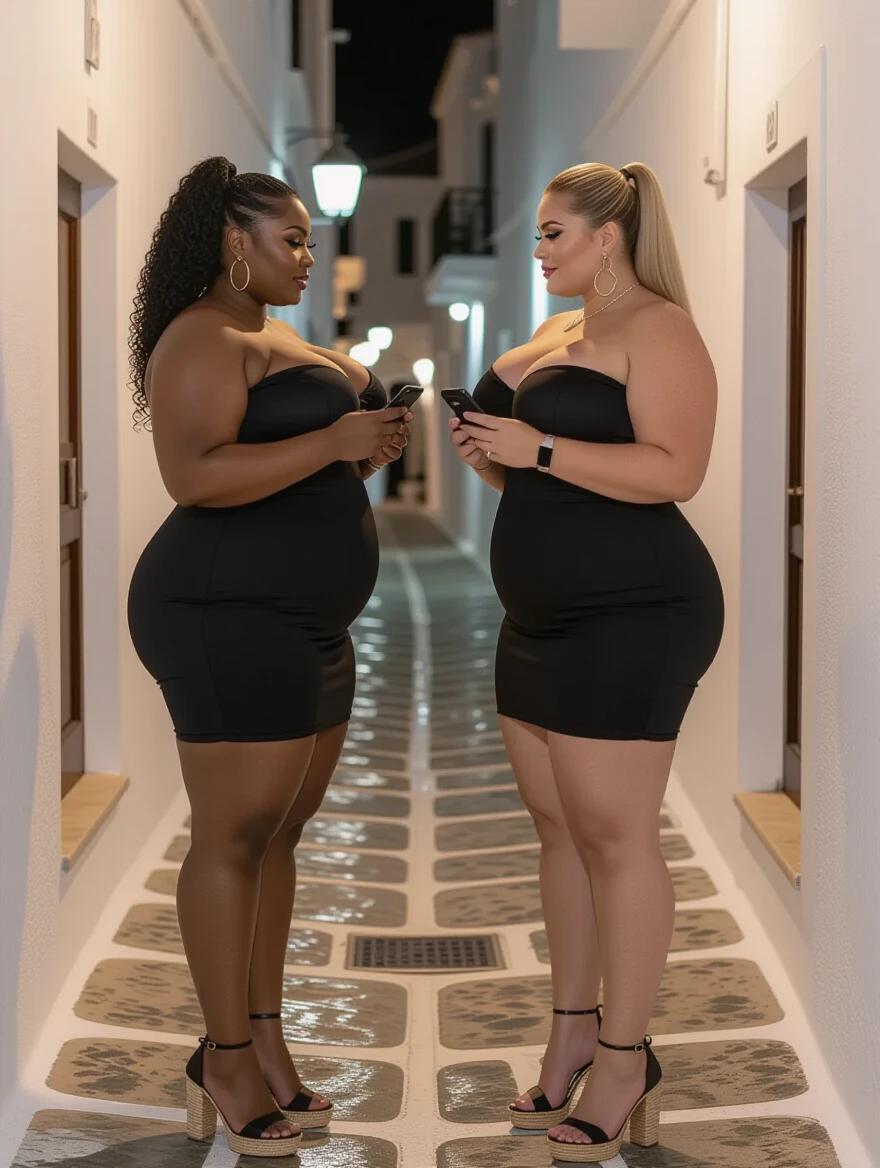 Two women with curvy figures stand in a narrow alley at night in Myconos. One has black curly hair; the other has straight blonde hair. They wear black strapless dresses and high heels and hold iPhones in their hands.