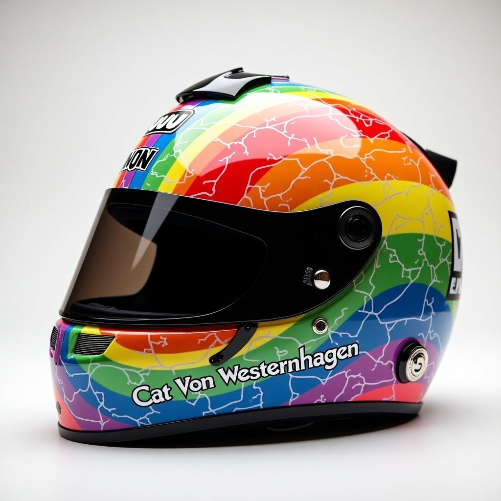 Design a racing helmet featuring the LGBT Rainbow flag with fluorescent colors. Include a logo and sharp line designs. The name 'Cat Von Westernhagen' appears on the side in a stylish format.