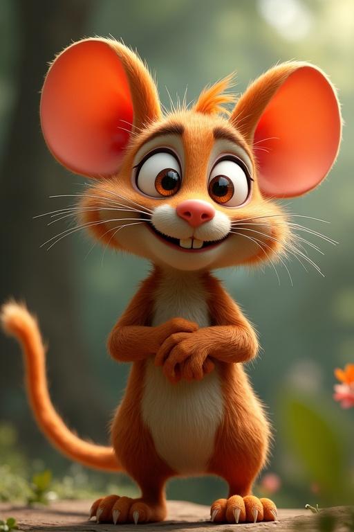 3D animated cartoon of a mouse with big ears and a bright smile. Character design is cute and cheerful. Background is soft and colorful.