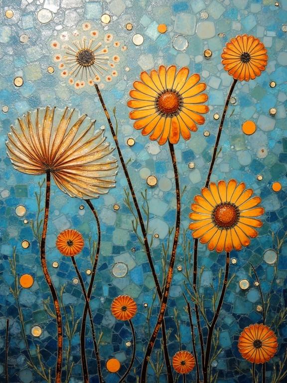An artwork featuring dandelions made from iridescent ceramic tiles and glass mosaic. The piece is abstract with an ethereal blue background.