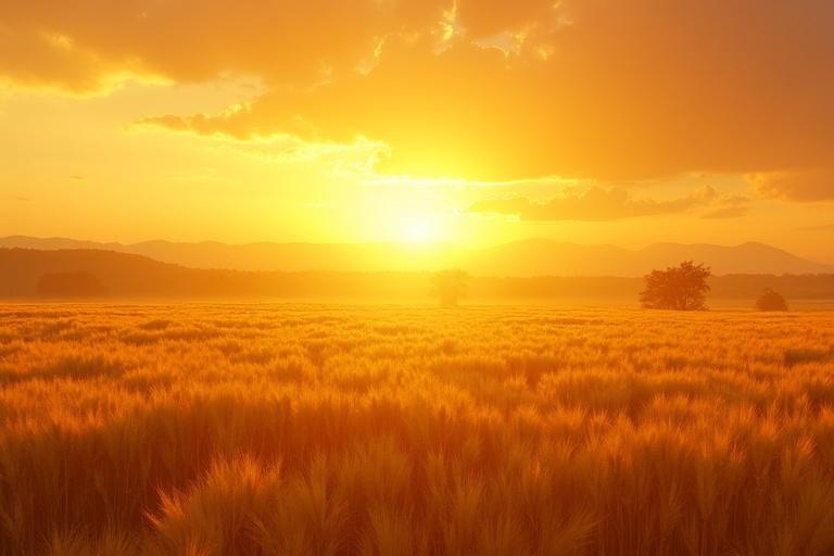 Golden wheat field bathed in sunrise light under an orange sky with fluffy clouds. The field extends into the horizon creating a peaceful landscape.