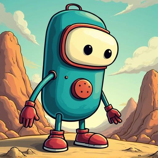 Cartoon style depiction of a tube-man character standing in a landscape. Character has a round body. Features large eyes and playful gloves. Background shows mountains and a clear sky.