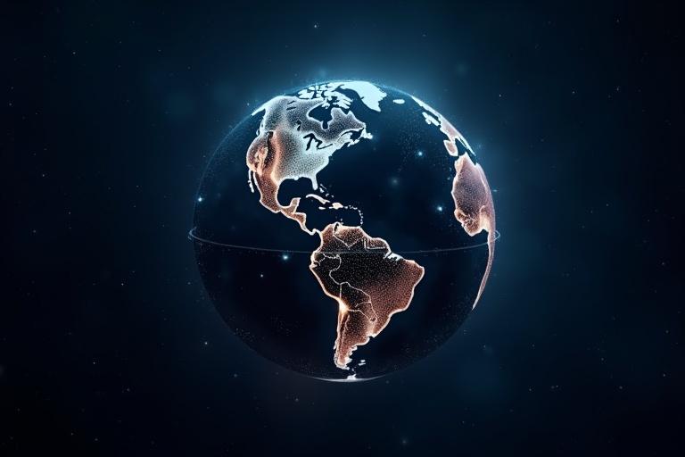 A glowing globe floats in a dark starry sky. The globe represents Earth. It has faint glowing lines connecting points on its surface. This symbolizes decentralized networks. A sleek design showcases a modern aesthetic.