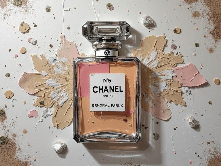 Chanel No. 5 perfume bottle displayed artistically against a textured background. Mixed media elements include jute, newspaper, sand, and glitter. Digital art resembles luxurious and artistic flair. Close-up view.