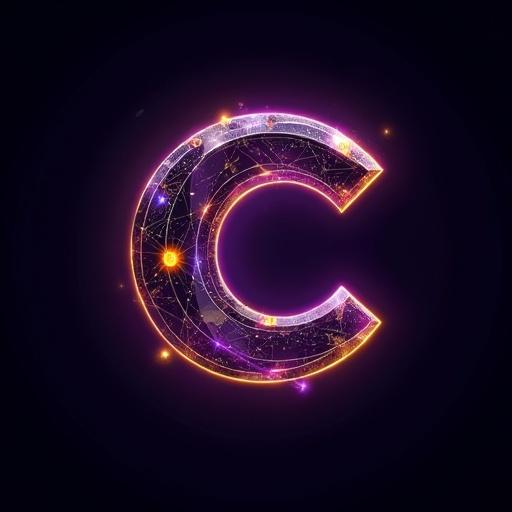 Logo designed for digital creative purpose. Highlights letter C with glowing effects. Incorporates geometric elements and vibrant neon colors. Features interconnected glowing nodes and a polished metallic look.