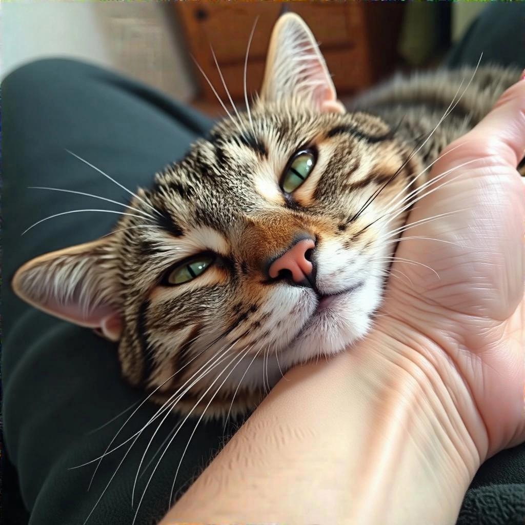 Cat resting chin on person's hand looking up relaxed