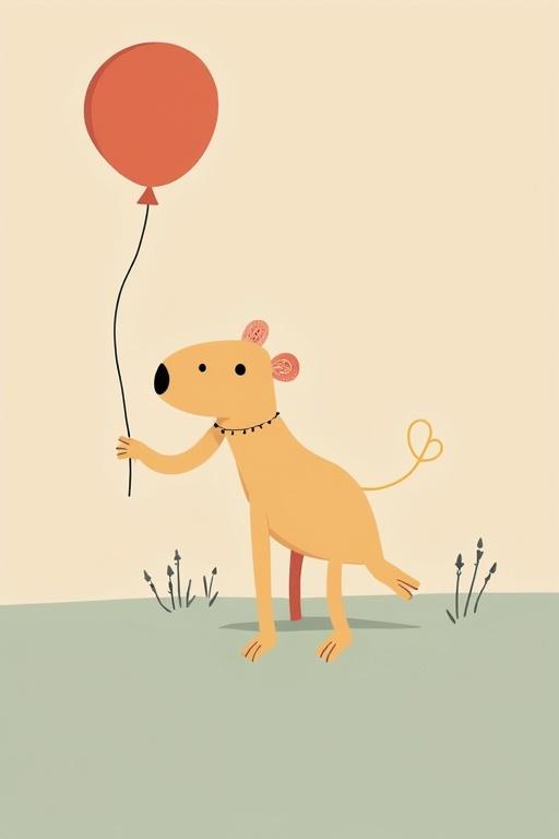 Minimal simple fun illustration of a dog holding a balloon in a playful manner