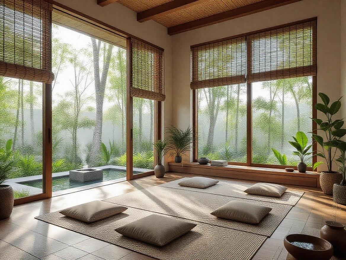 Open and spacious yoga and meditation room. Surrounded by lush greenery. Sunlight filtering through bamboo blinds. Natural stone and wood textures. Soft tatami mats. Floor cushions for meditation. Small water fountain feature. Gentle earth-tone color palette. Warm and peaceful ambiance. Photorealistic image.