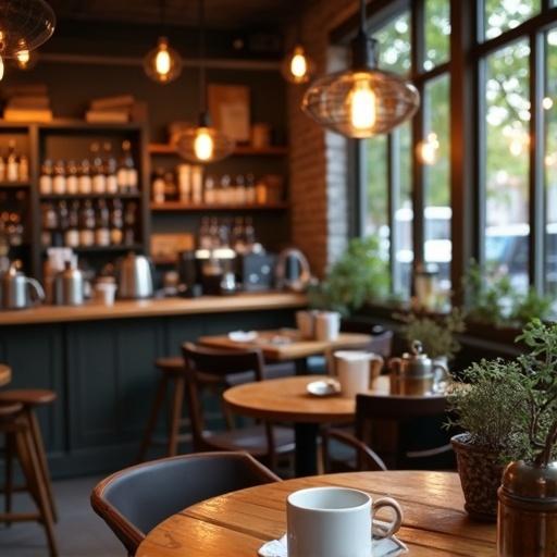 Interior of a coffee shop with wooden tables and warm lighting. Coffee cups placed on tables. Decorative plants in the interior. Shelves filled with coffee-related items. Ambient atmosphere with hanging lights.