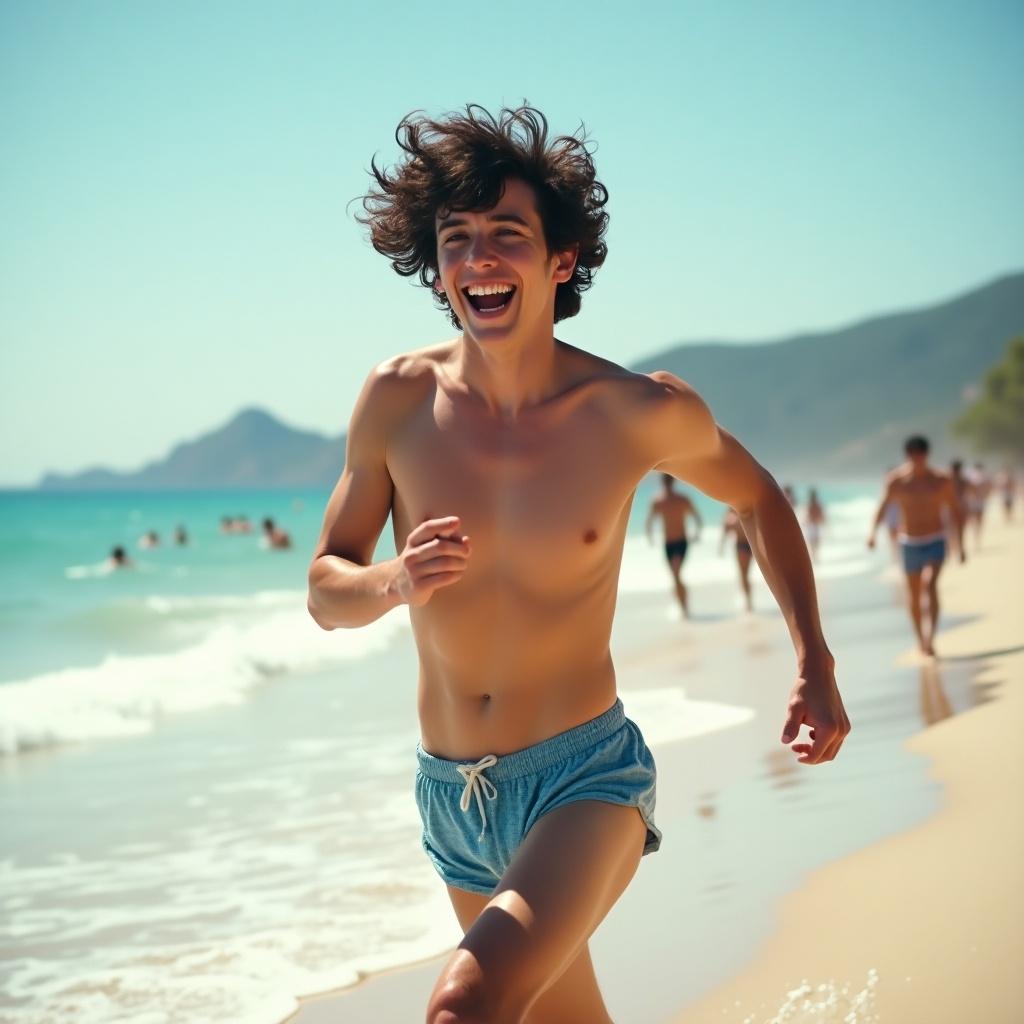 Realistic image of a young man running on a beach in summer. He wears a swimsuit and smiles joyfully. Waves crash on the shore, and the sun shines brightly. People enjoy the beach in the background.