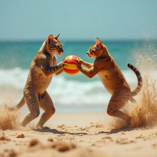 Two muscular cats compete in beach volleyball. They wear tiny speedos. Action shot shows both cats mid-spike with a volleyball. Sand sprays around them. Ocean is in the background. Cats appear energetic and playful.