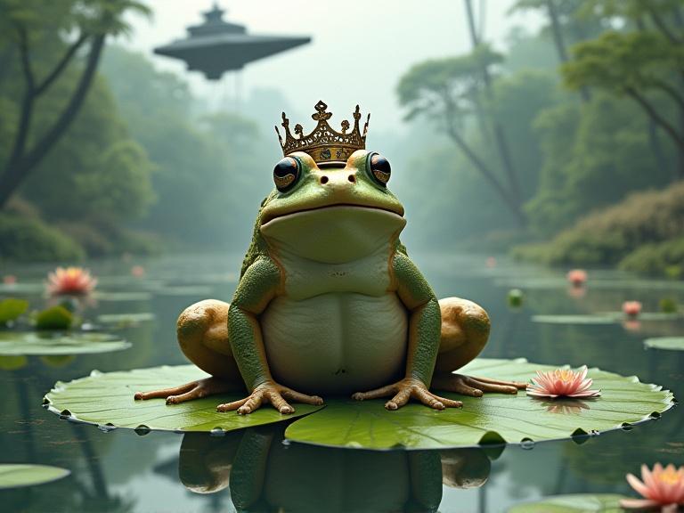 Hyperrealistic illustration of a frog with a crown on a lily pad. Background shows a serene body of water and a lush forest. An Imperial Star Destroyer is reflected in the water. Scene has soft natural lighting and floating flowers around the lily pad.