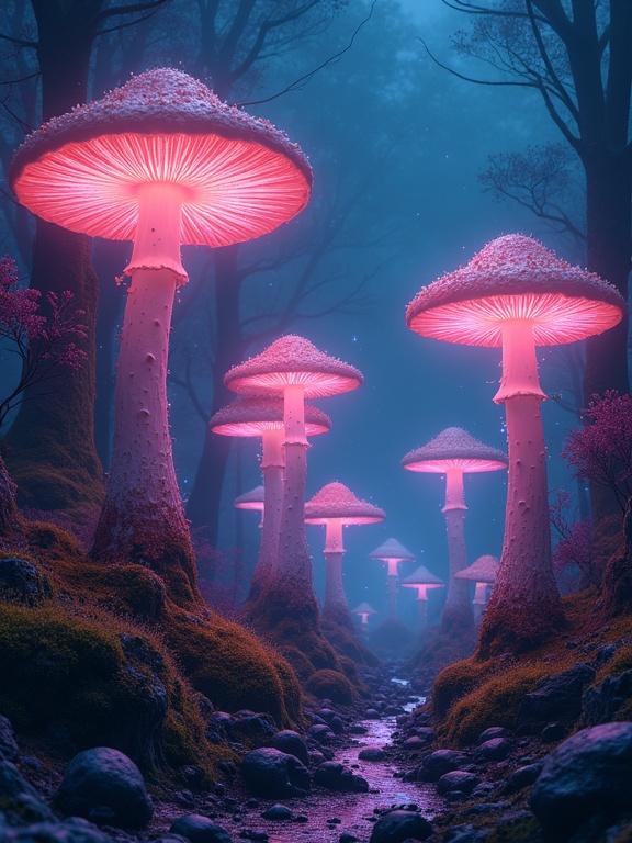 A bioluminescent mushroom forest on an alien planet. Towering toadstools emit a soft glow. Strange alien creatures roam the forest floor. Air thick with spores. Mystical and otherworldly atmosphere. Hyper-realistic style with intricate details and a vibrant color palette.