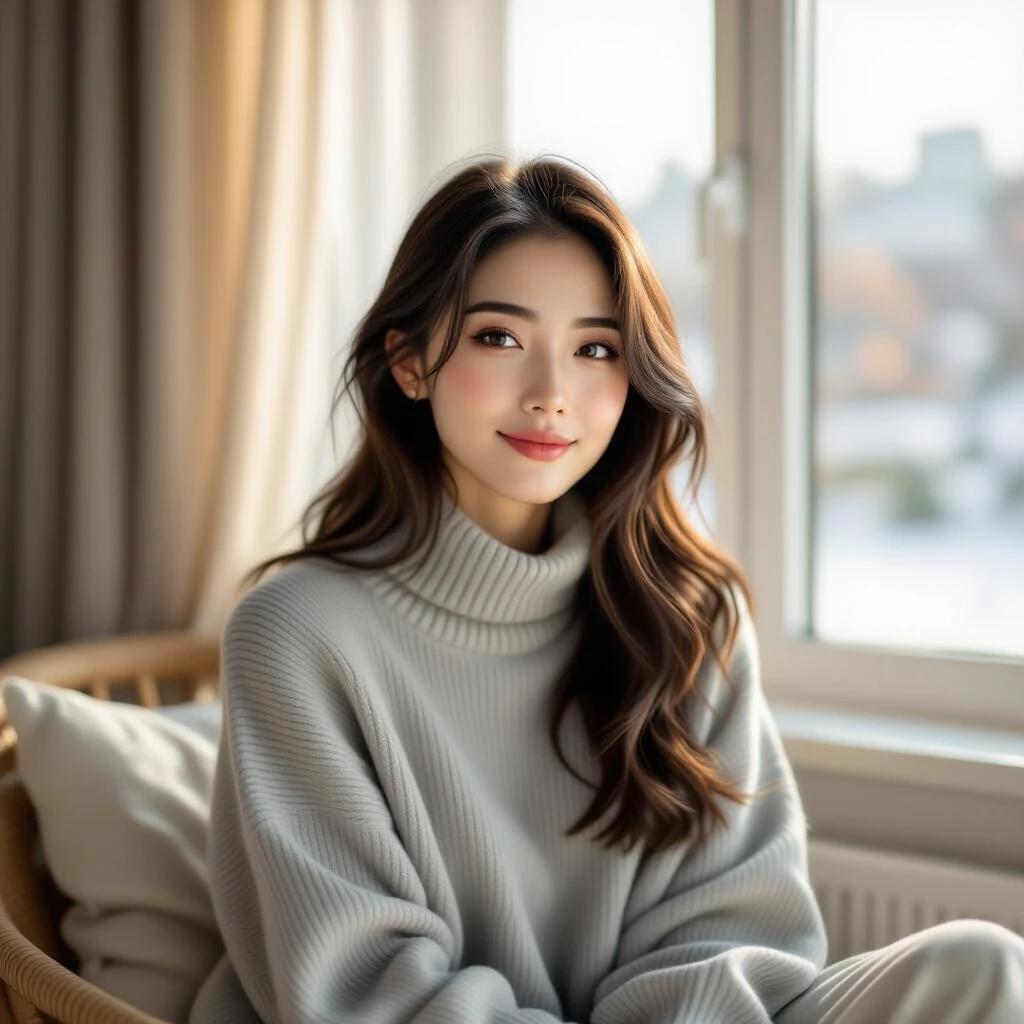 A young woman in a gray sweater sits by a window. Soft sunlight filters through the window casting shadows. She looks thoughtfully into the distance. The atmosphere feels calm and warm.