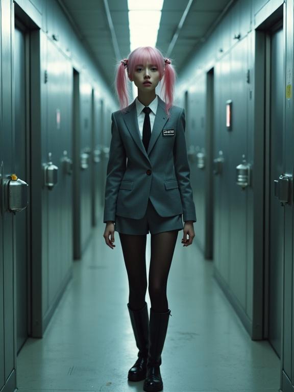 A young woman with pink pigtails stands in a grey suit with shorts and black stockings. Boots are worn on her feet. She is in a cold corridor. The corridor is metallic and dark with flickering lights. Her expression shows fear and confusion. She is being forcibly transported by robots. A small tag with a factory logo is attached to her back.