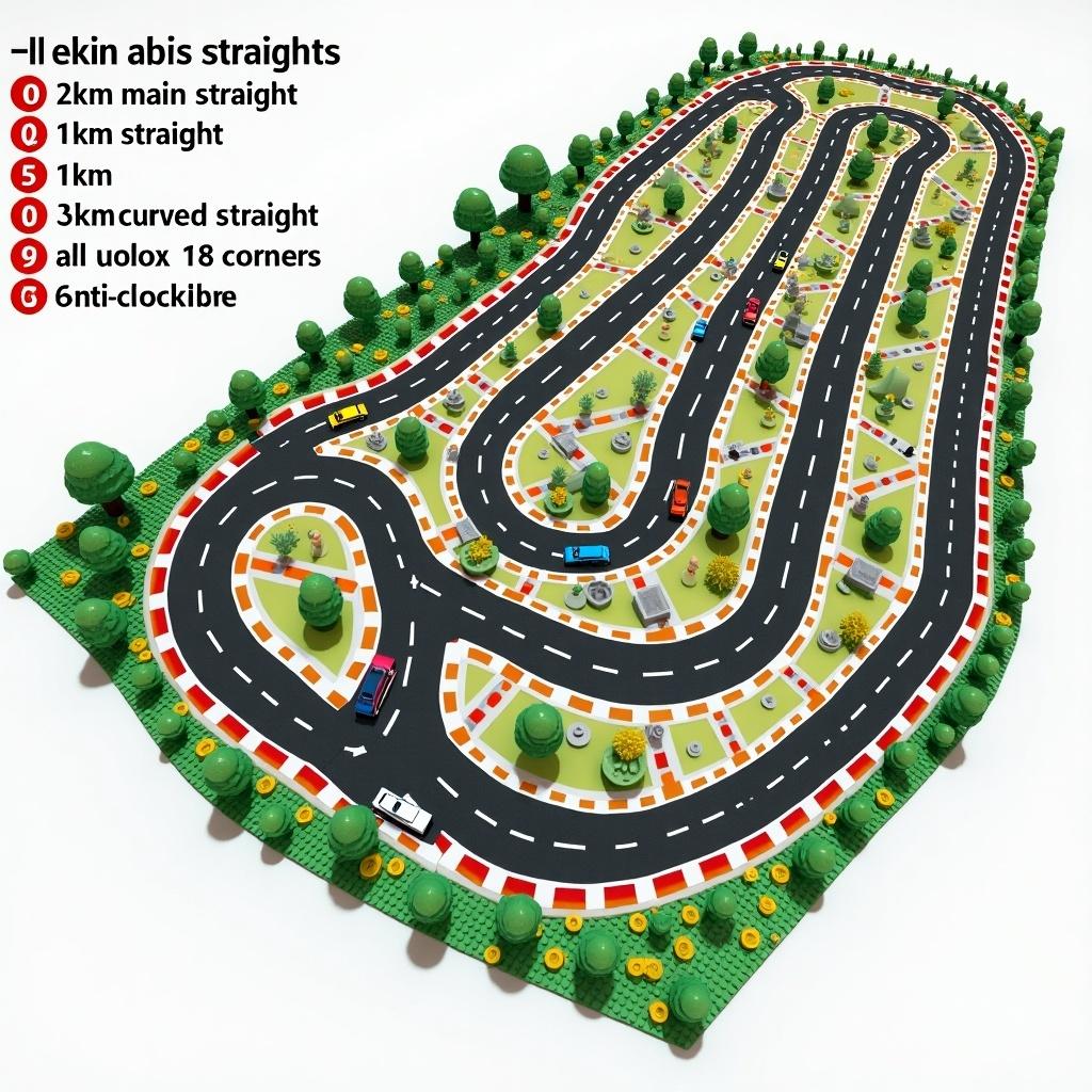 Detailed layout of a race track. Features main straights and corners. Designed for anti-clockwise racing. Bright colors marked sections. Suitable for competitive racing events. LEGO elements included.