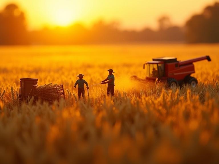Miniature farm scene at sunset. Tiny farmers harvesting wheat by hand and using small machinery. Strong depth of field. Golden and orange gradient lighting. Captured with 8K quality. Volumetric light beams through wheat stalks. Deeply cinematic atmosphere. Ultra-detailed textures.