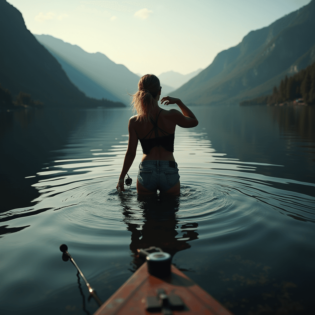 The image captures a peaceful moment at sunset on a tranquil lake surrounded by mountains. A woman is seen from behind walking into the water, wearing a black bikini top and denim shorts. She holds a pair of sunglasses in one hand. The water around her creates gentle ripples, reflecting the soft colors of the setting sun. A partially visible kayak is in the foreground, suggesting a serene day spent paddling. The surrounding mountainous landscape fades into the distance, enhancing the sense of calm and solitude. The light casts a warm glow, contributing to the tranquil and contemplative ambiance of the scene.