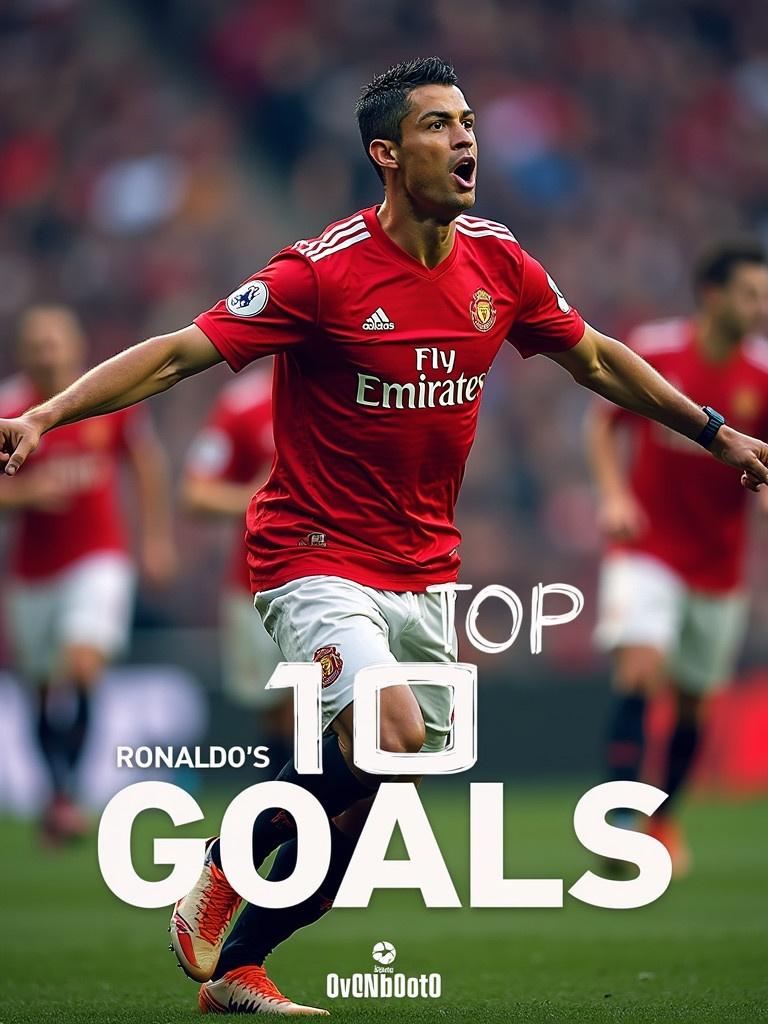 Thumbnail design for Cristiano Ronaldo channel. Dynamic and action-packed image during a football match. Signature celebration pose of Ronaldo. Bold typography for video title 'TOP 10 GOALS'. Vibrant color scheme reflecting sport energy. Focus on team colors and branding elements.