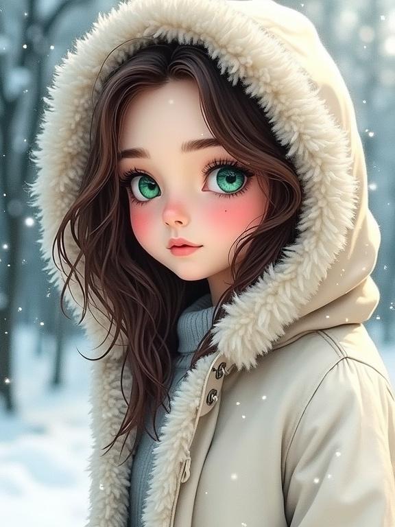 Portrait of a young woman with chocolate brown hair and green eyes. She wears a white fur coat with a hood. Background is a snowy winter scene with a blurred effect. Soft magical lighting creates a dreamy atmosphere.