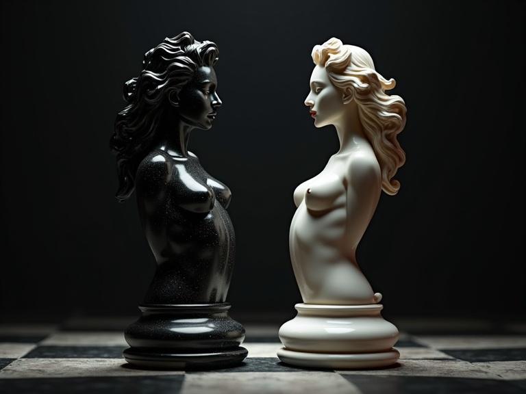 Chess figures depicted as erotic statues representing a male and female. Highlight of strength and conflict between black and white. Dramatic chiaroscuro lighting enhances the overall tension. Detailed HDR background with advanced digital art techniques.