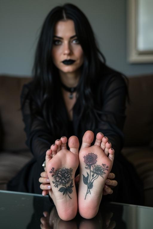 Mature goth woman sits on the couch. She shows her tattooed soles of her bare feet. The feet rest on a glass table. Long black hair and black goth clothing are worn. The background is softly lit.