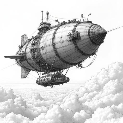 Highly intricate black and white line art illustration of colossal steampunk airship. Features massive gasbag and exposed metallic framework. Complex rigging and pipes detailed. Ornate nacelle holds retro-futuristic armored vehicle. Airship floats above roiling clouds. Art style resembles detailed architectural etching with fine lines. Epic low-angle perspective conveys scale. Atmosphere of grand adventure.